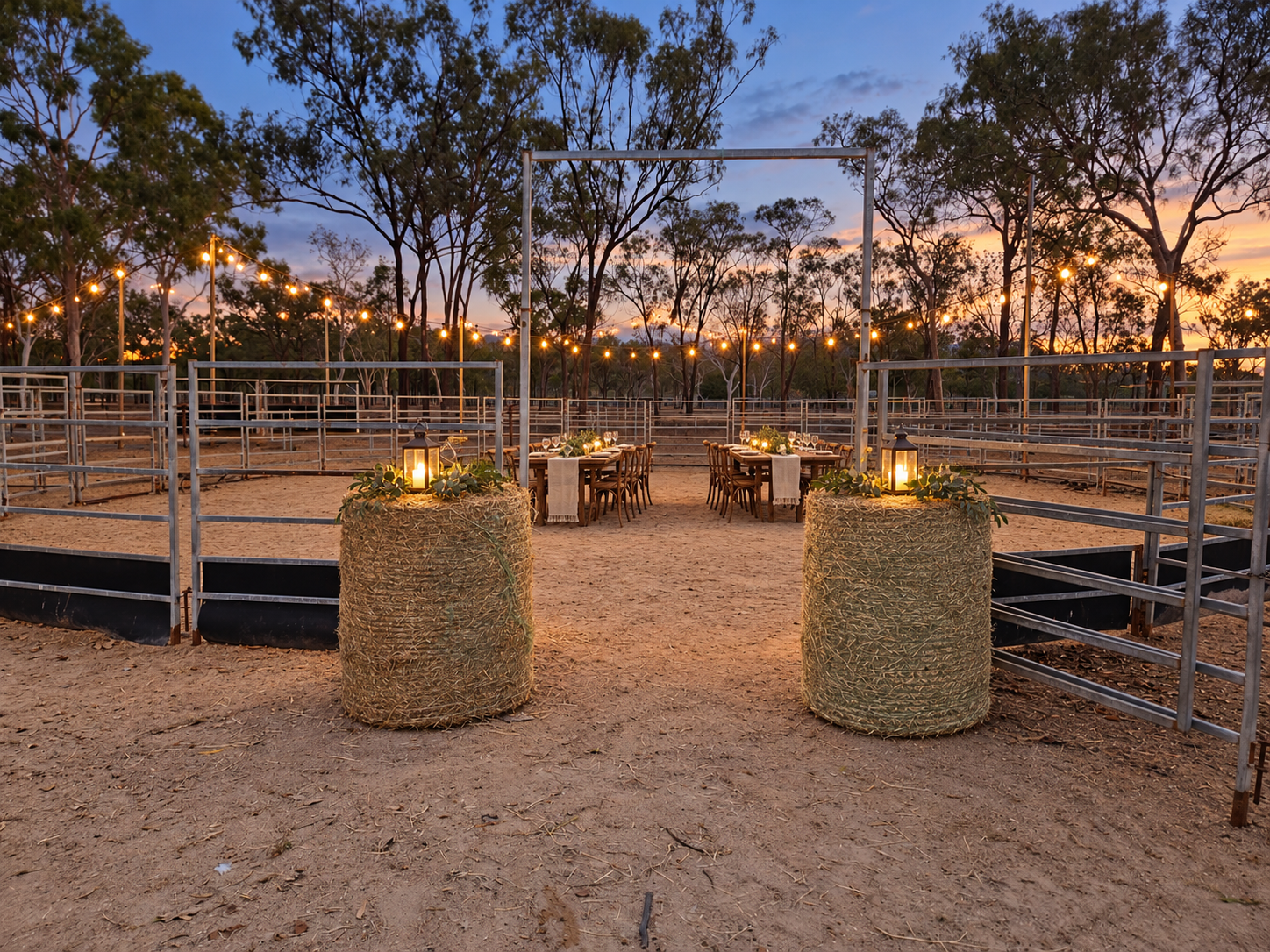 Illustrative styling mock-up of the roundyard entrance with hay-bale features, greenery and two adjoining tables at dusk
